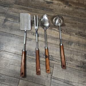 Set of 4 VTG Stainless Steel Grill Utinsels Made in Japan Wooden Handles